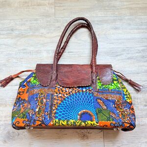 Handmade African Print Leather Tote Bag Wax Print Shoulder Purse Boho Market Bag